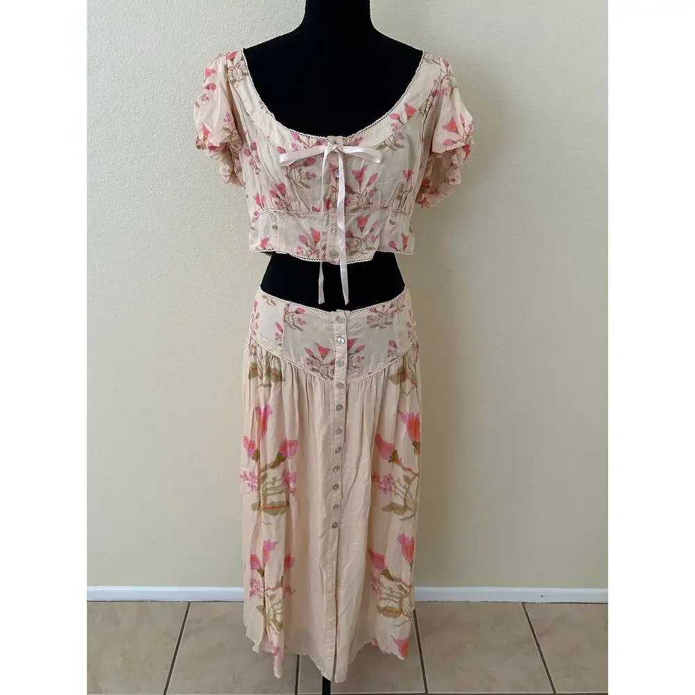 Free People Easy to Love 2 Piece Multicolor Floral Maxi Skirt Set Size L - NWT - Picture 3 of 8
